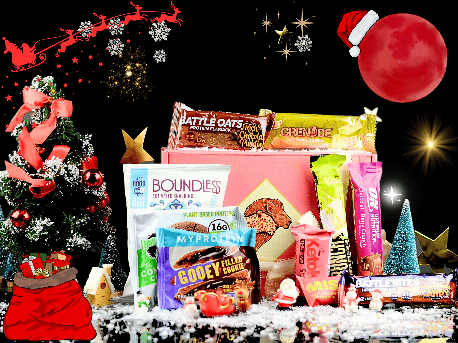 Box Of Protein | Elfster Secret Santa Gym Gift Hamper | Christmas Protein Gift Box | Battle Oats, Grenade, Boundless, Lenny & Larrys, MyProtein, Keto Keto, Misfits, Warrior Crunch, Optimum Nutrition, Battle Bites 