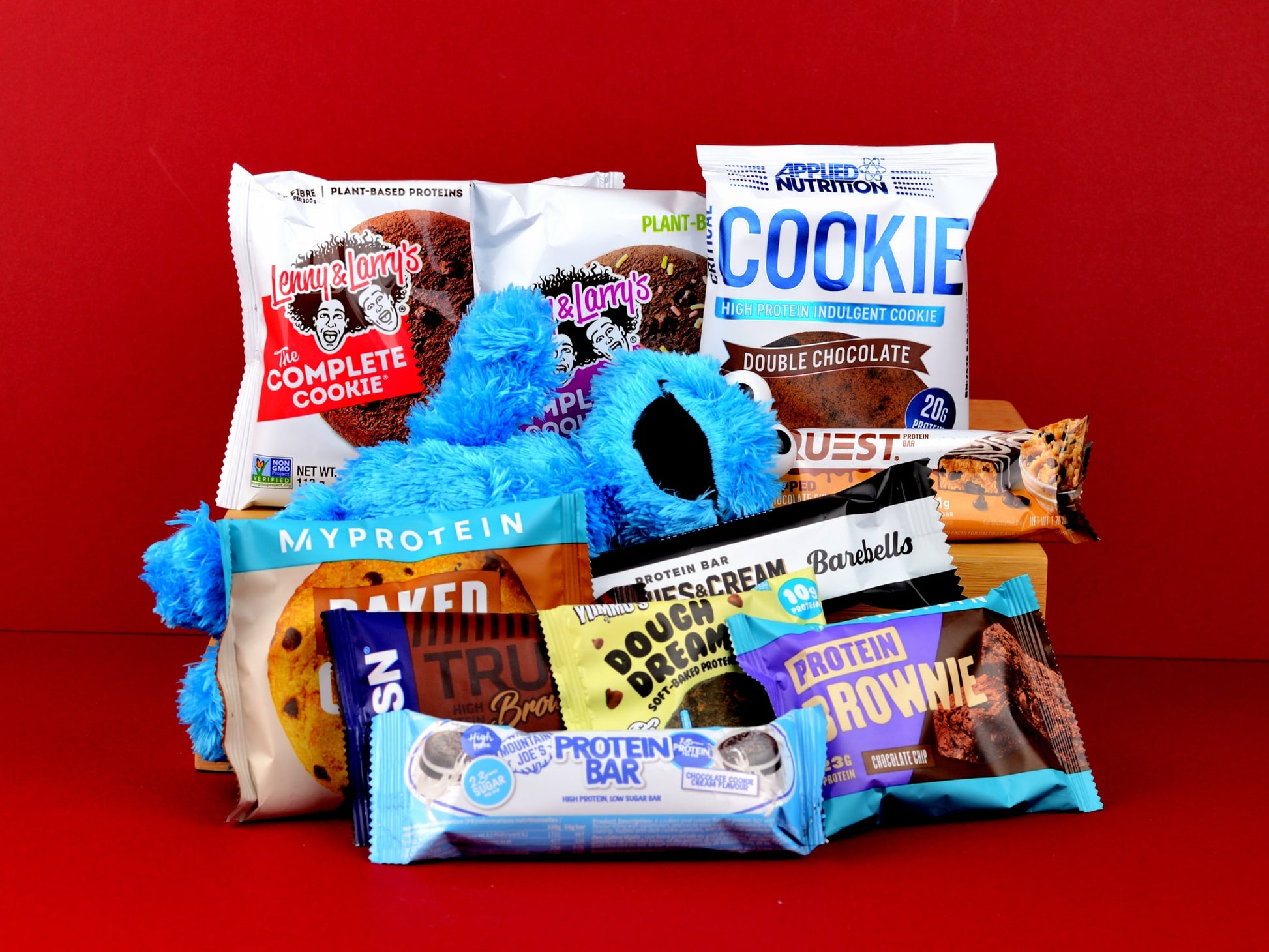 Box Of Protein | Protein Indulgence Cookie Monster Gift Box | Protein Snacks Hamper | Yummos, MyProtein, Barebell, Lenny & Larrys, Locako, Quest, USN, Mountain Joe
