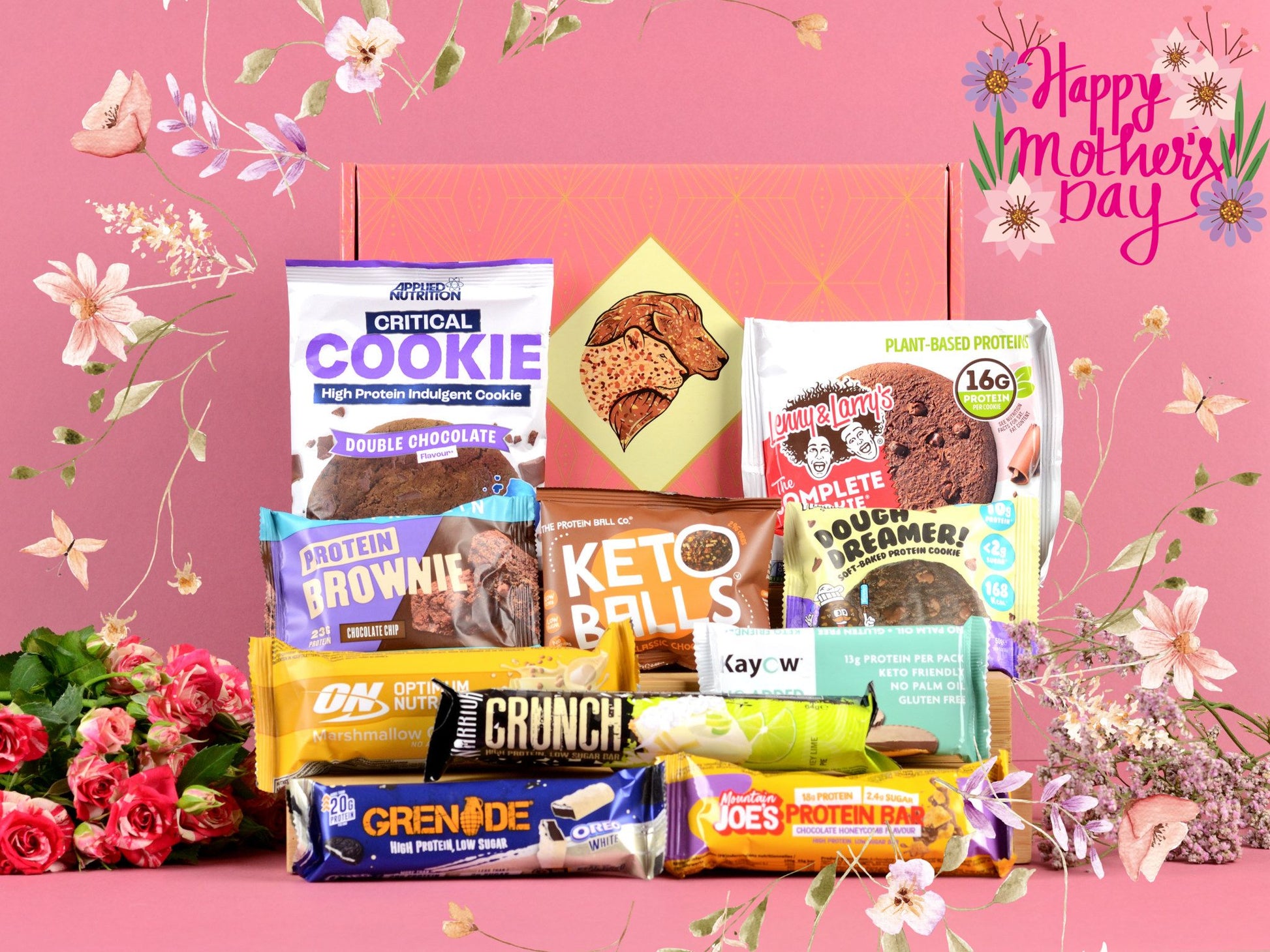 Box Of Protein | Protein Mothers Day Gift Box | Mothers Day Flowers Roses | Protein Snacks Hamper | Kayow, Lenny & Larrys, MyProtein Brownie, Grenade, Mountain Joes, Yummios, Keto Keto, Protein Ball Co., Optimum Nutrition, Warrior Crunch, Applied Nutrition