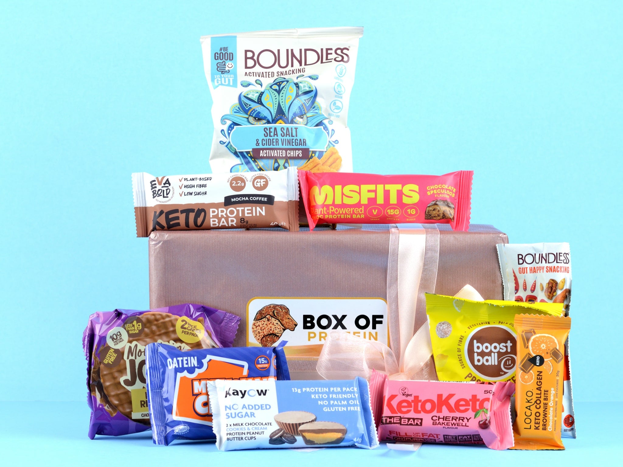Box Of Protein | Gluten Free Diet Gift Box | Protein Snacks Hamper | Boundless, Eva Bold Keto Protein Bar, Misfits, Mountain Joes, Oatein, Kayow, Keto Keto, Boost Ball, Locako