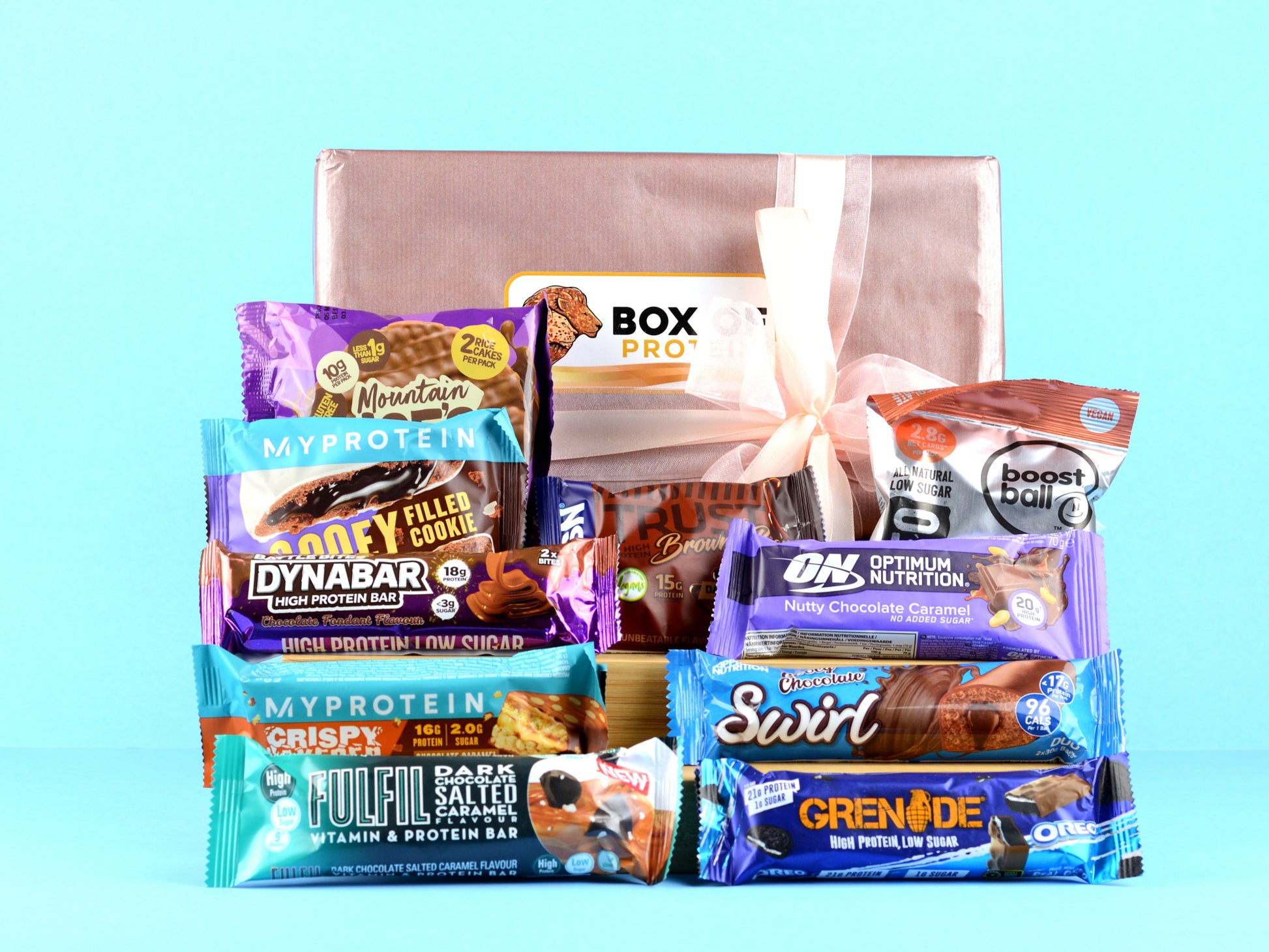 Box Of Protein | Low Sugar Diet Gift Box | Diet Protein Boxes | Protein Snacks Hamper | Gym Gift Snacks | Applied Nutrition, Grenade, Boostball, Mountain Joe's, Fulfil, MyProtein, Battle Bites, ON Optimum Nutrition, USN