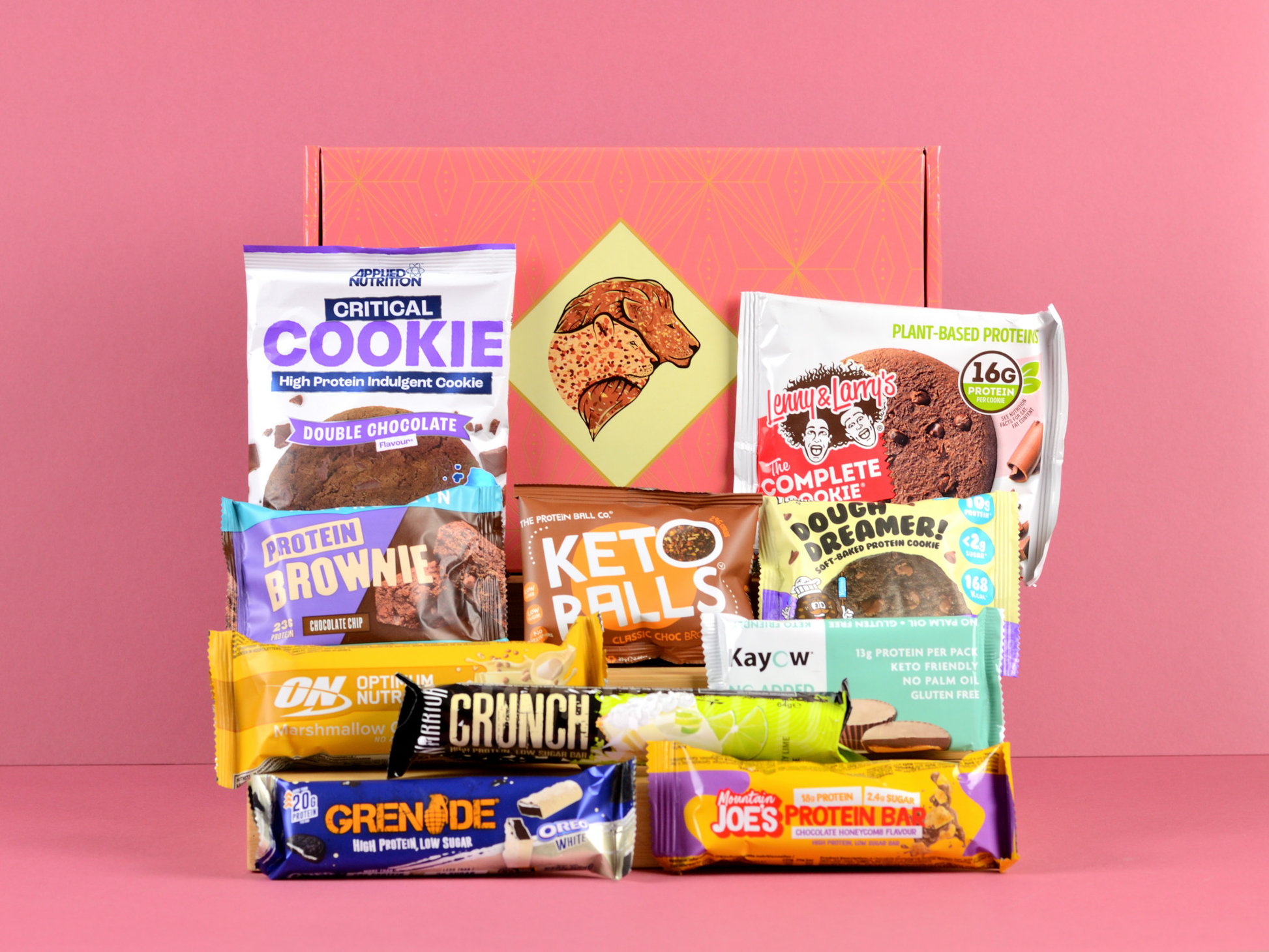 Box Of Protein | Protein Mothers Day Gift Box | Healthy Mothers Day Protein Snacks Hamper | Kayow, Lenny & Larrys, MyProtein Brownie, Grenade, Mountain Joes, Yummios, Keto Keto, Protein Ball Co., Optimum Nutrition, Warrior Crunch, Applied Nutrition